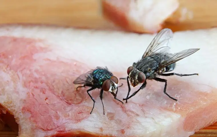 Two flies standing on a piece of raw meat, facing each other