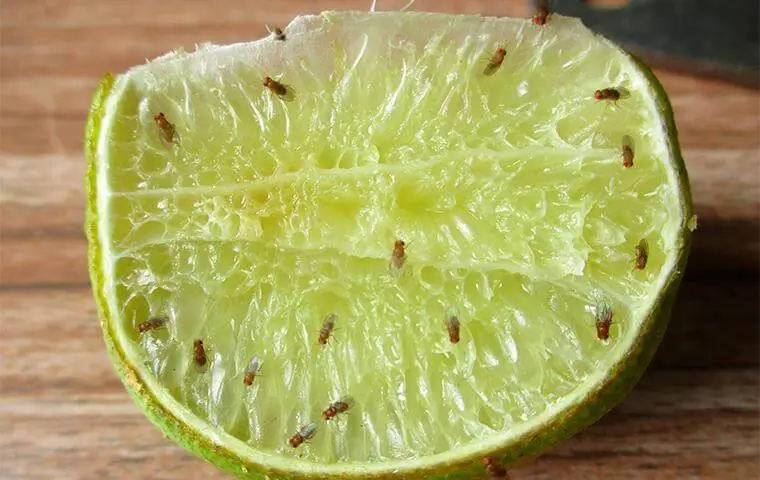 Sliced lime with numerous fruit flies covering its exposed surface