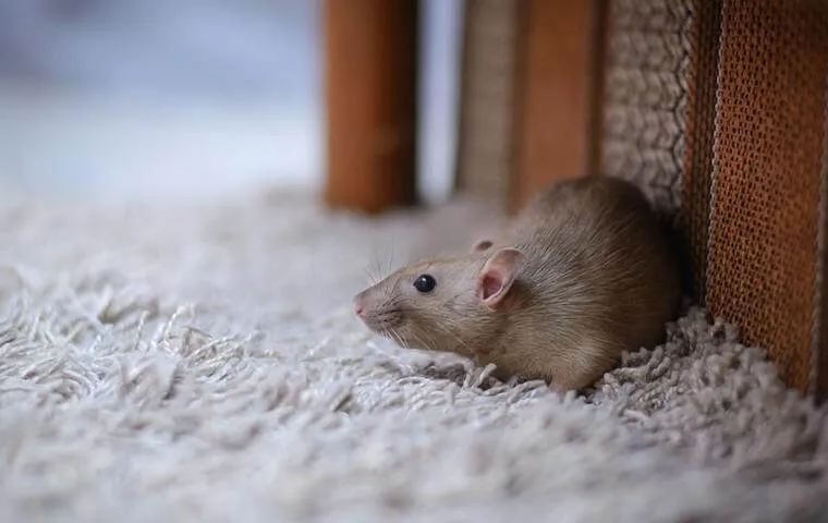 Small brown rodent peeking out from between furniture legs on a carpeted floor