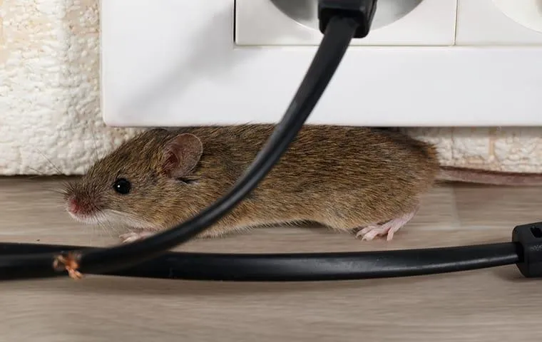 A house mouse crawls near black electrical cables against a wall outlet