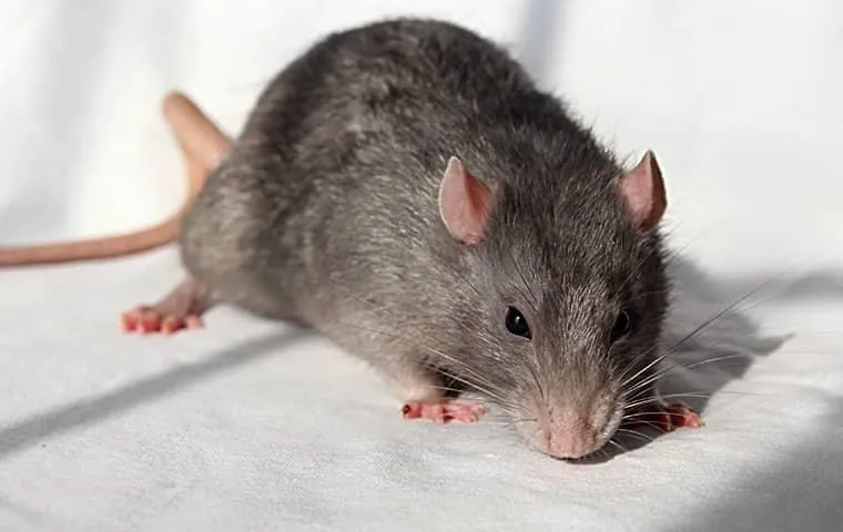 Gray Norway rat crouching on a white cloth surface