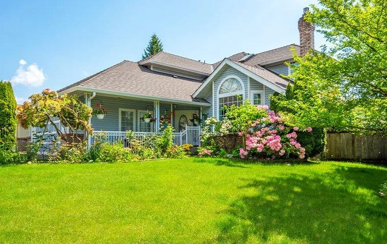 Two-story house with wraparound porch and landscaped yard with pink blooming shrubs