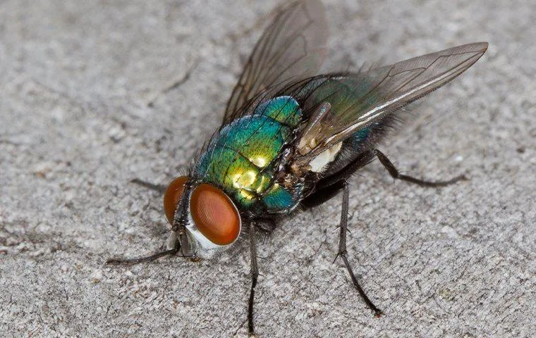 Close-up of a green bottle fly with red eyes resting on a gray surface