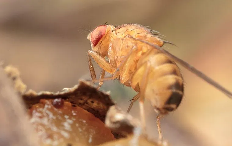 Close-up macro shot of a fruit fly with red eyes perched on decaying fruit