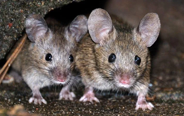 Two mice with large ears peek out from a dark crevice