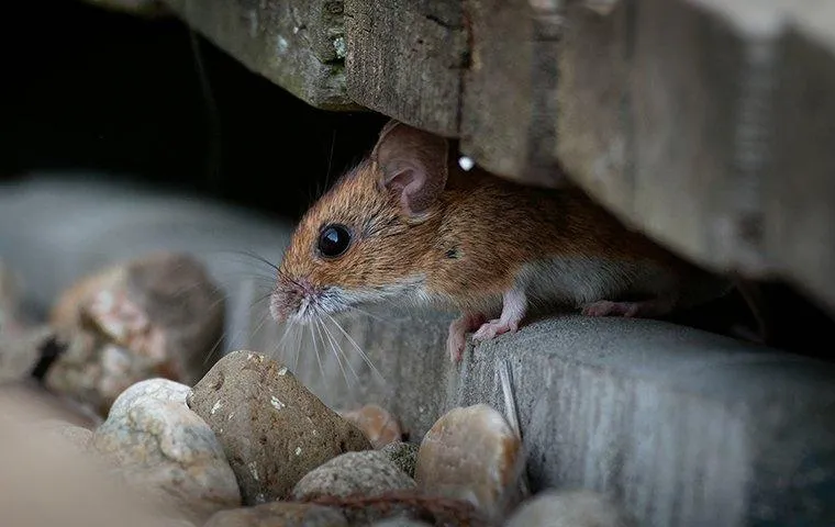 Small brown mouse peeking out from beneath a wooden beam near stones
