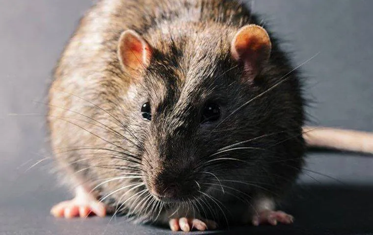 Close-up of a brown rat with pink ears and long whiskers on a dark surface