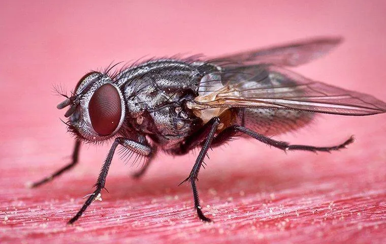 Close-up macro shot of a fly with red eyes resting on a pink textured surface