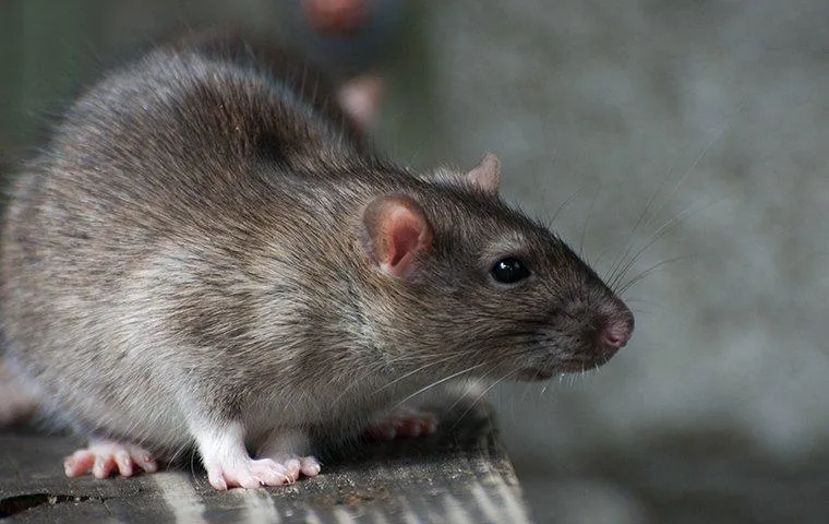 Close-up of a gray rat perched on a wooden ledge in a dim garage