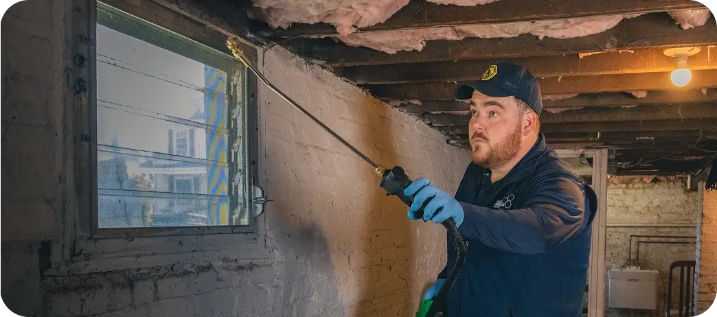 Pest control technician using a long-wand sprayer to treat a basement wall near the ceiling