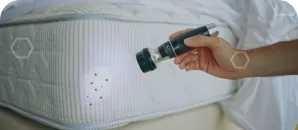 Hand using a steam cleaning device to treat a mattress for bed bugs