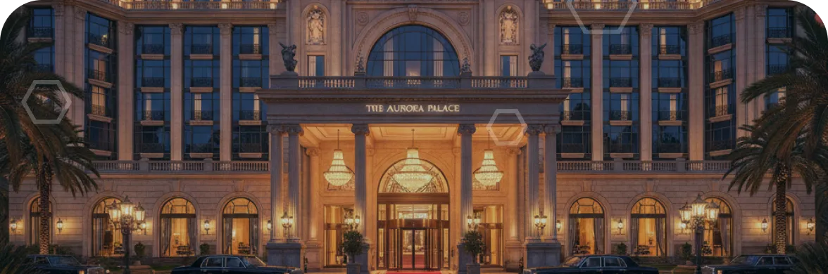 Grand entrance of The Aurora Palace hotel illuminated at dusk with chandeliers and columns