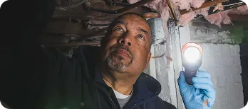 Man wearing a blue glove inspects a crawl space ceiling with a flashlight