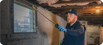 Technician in cap and gloves spraying pest control treatment along a basement wall and ceiling