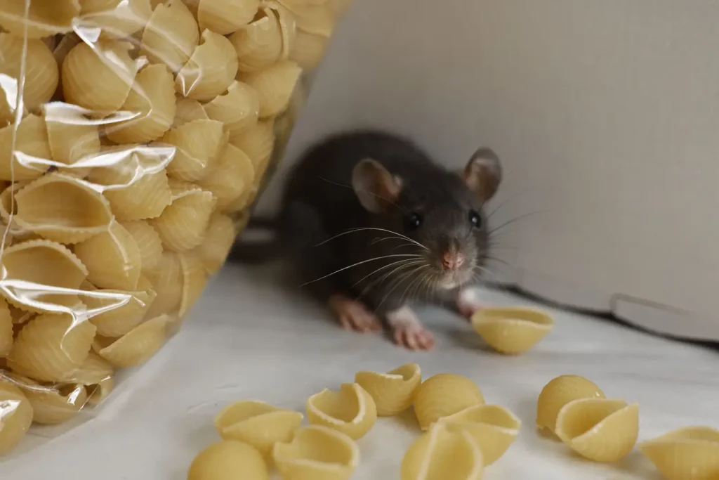 A gray mouse next to a torn bag of pasta shells with scattered pieces on a counter