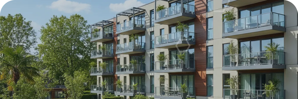 Modern apartment building facade with multiple glass balconies and greenery below