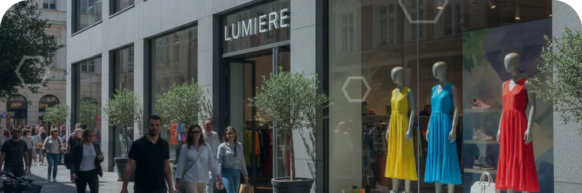 Pedestrians walk past the Lumiere storefront with mannequins in yellow, blue, and red dresses in the window