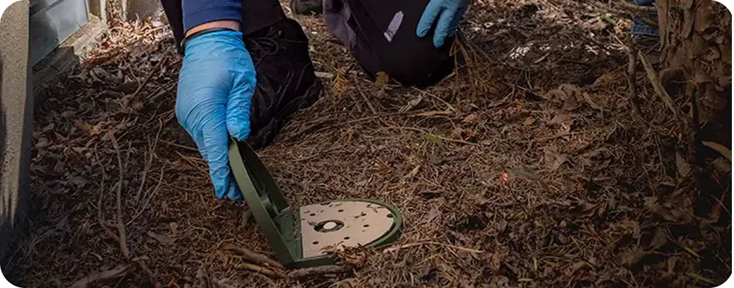 Technician wearing blue gloves opening a green pest control bait station on the ground