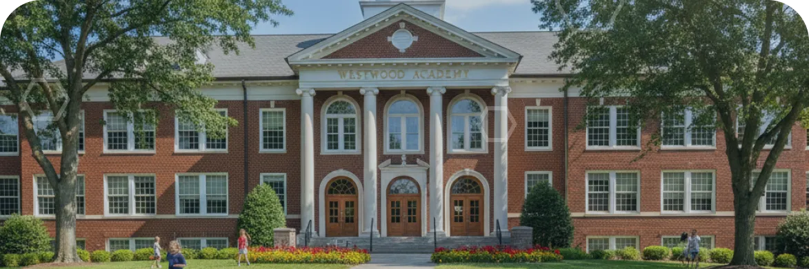 Brick facade of Westwood Academy with white columned entrance and flowering shrubs