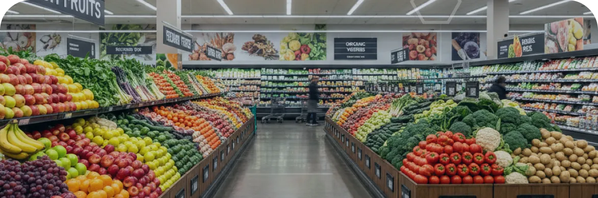 Grocery store produce aisle with fresh fruits and vegetables displayed on both sides