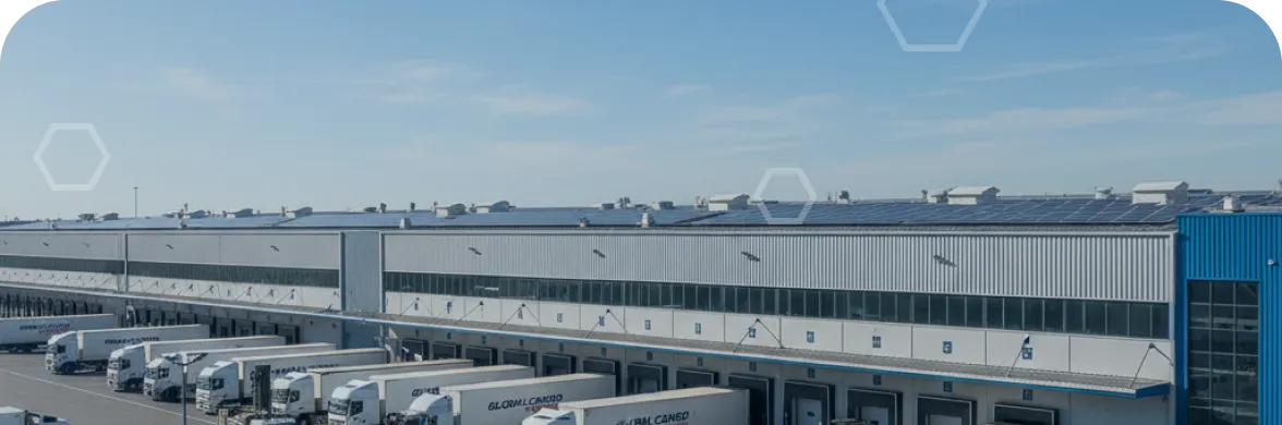 Row of white delivery trucks docked at a large warehouse with solar panels on the roof