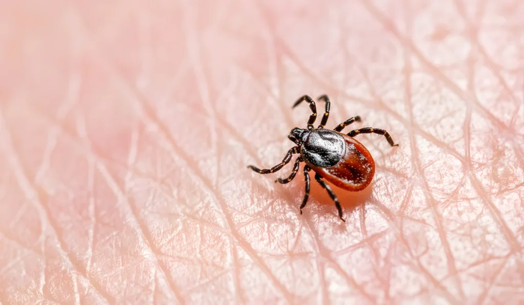 Detailed tick on skin, highlighting health risk and outdoor hazard